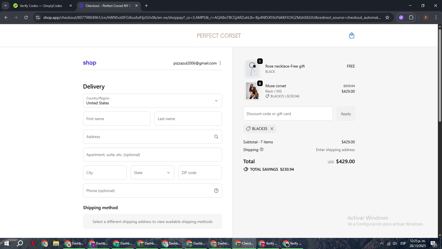 Perfect Corset discount code screenshot showing code BLACK35 applied at Perfect Corset checkout page. Uploaded by SimplyCodes community member ExtraordinaryHunter3076 on Nov 28, 2025