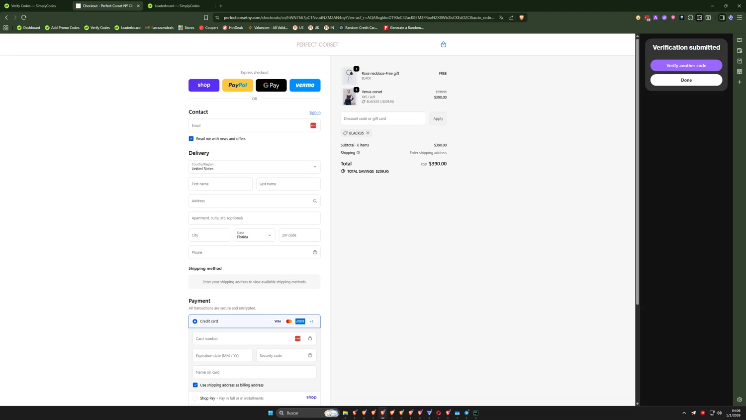 Perfect Corset discount code screenshot showing code BLACK35 applied at Perfect Corset checkout page. Uploaded by SimplyCodes community member QuantumRider5931 on Jan 1, 2026