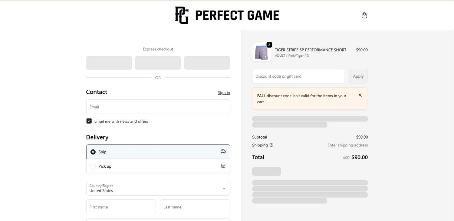 Perfect Game discount code screenshot showing code FALL applied at Perfect Game checkout page. Uploaded by SimplyCodes community member Alydrop on Jan 22, 2026