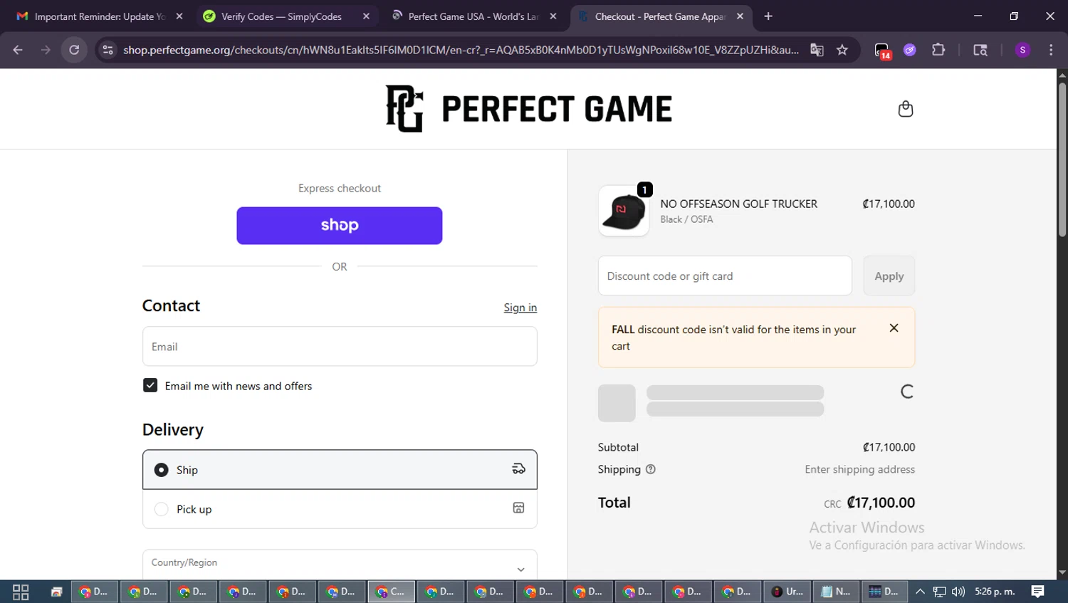 Perfect Game discount code screenshot showing code FALL applied at Perfect Game checkout page. Uploaded by SimplyCodes community member ShieldWarden7838 on Feb 17, 2026