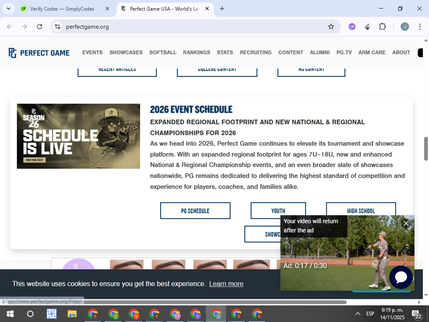 Perfect Game discount code screenshot showing code FALL applied at Perfect Game checkout page. Uploaded by SimplyCodes community member ValueTracker8384 on Nov 14, 2025