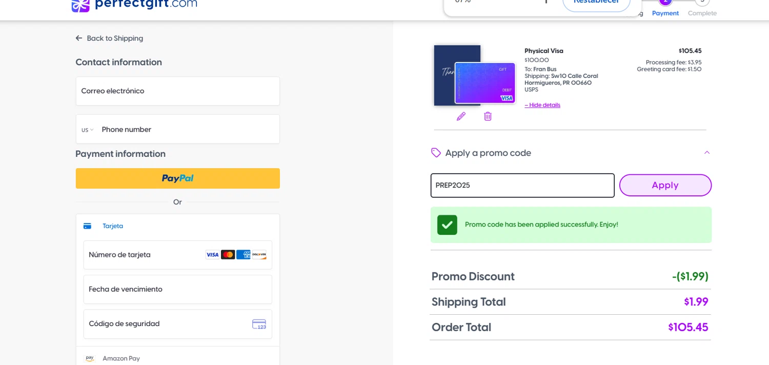 Perfect Gift promo code screenshot showing code prep2025 applied at Perfect Gift checkout page. Uploaded by SimplyCodes community member Frafid on Oct 7, 2025
