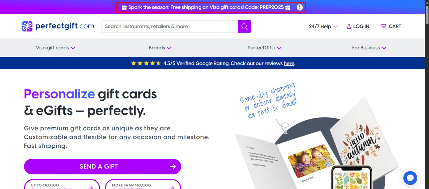 Perfect Gift promo code screenshot showing code prep2025 applied at Perfect Gift checkout page. Uploaded by SimplyCodes community member noworries on Oct 29, 2025