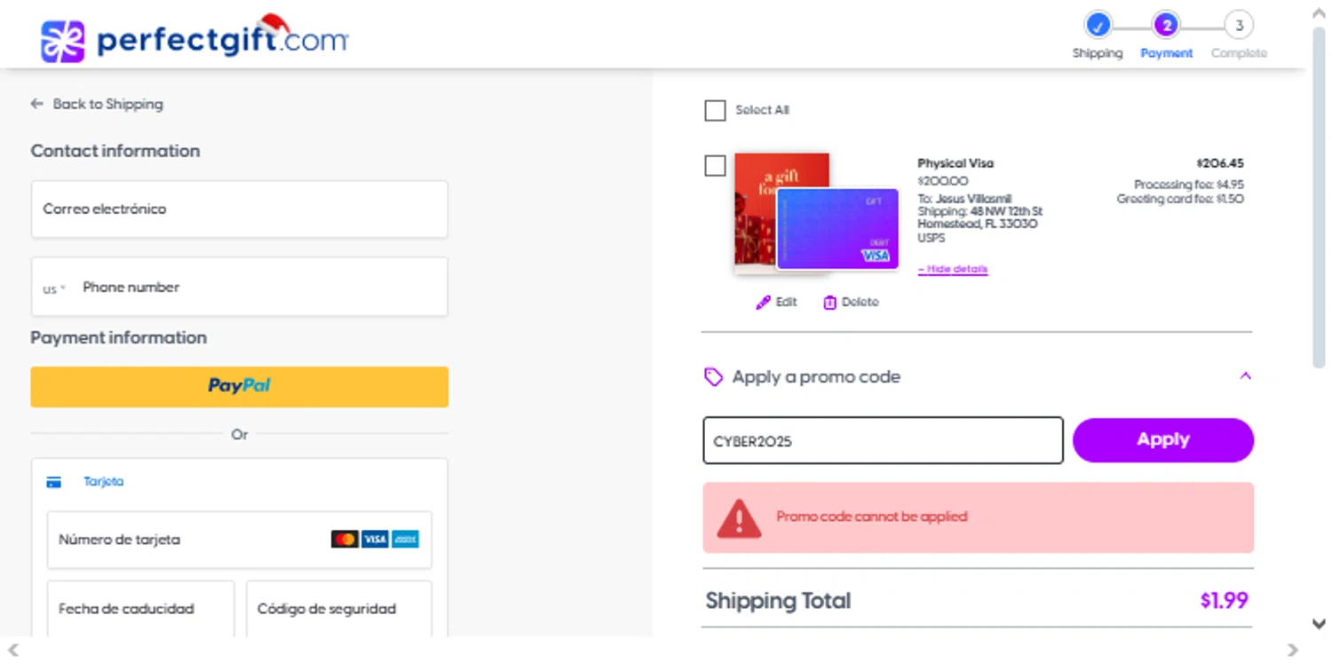 Perfect Gift promo code screenshot showing code cyber2025 applied at Perfect Gift checkout page. Uploaded by SimplyCodes community member TraxoGamer on Dec 16, 2025