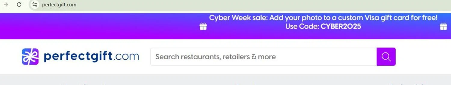 Perfect Gift promo code screenshot showing code cyber2025 applied at Perfect Gift checkout page. Uploaded by SimplyCodes community member stygian1 on Dec 1, 2025