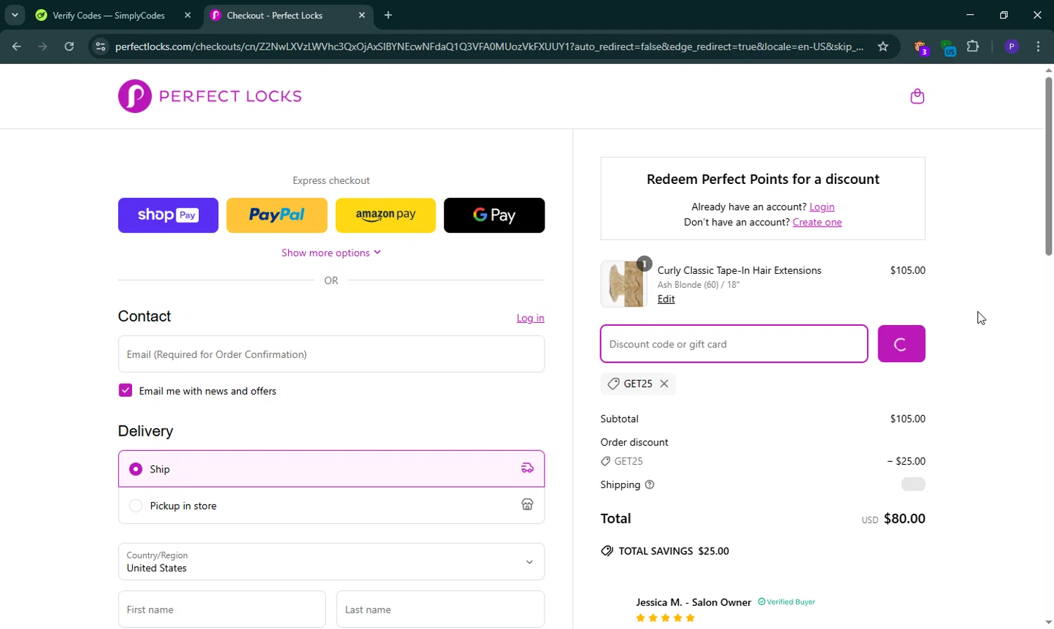 Perfect Locks coupon code screenshot showing code GET25 applied at Perfect Locks checkout page. Uploaded by SimplyCodes community member ShieldLion4225 on Mar 21, 2025