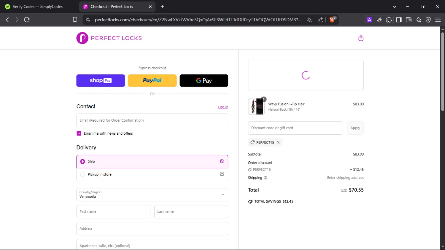 Perfect Locks coupon code screenshot showing code perfect15 applied at Perfect Locks checkout page. Uploaded by SimplyCodes community member SmartScholar9589 on Apr 7, 2025