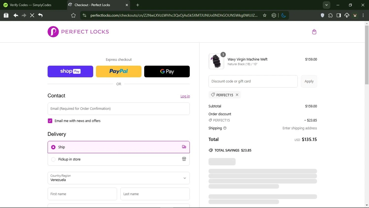 Perfect Locks coupon code screenshot showing code perfect15 applied at Perfect Locks checkout page. Uploaded by SimplyCodes community member BrilliantTitan6909 on Mar 8, 2025