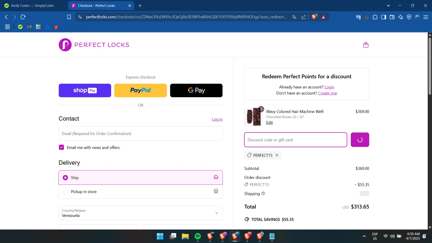 Perfect Locks coupon code screenshot showing code perfect15 applied at Perfect Locks checkout page. Uploaded by SimplyCodes community member goroeditor on Apr 7, 2025