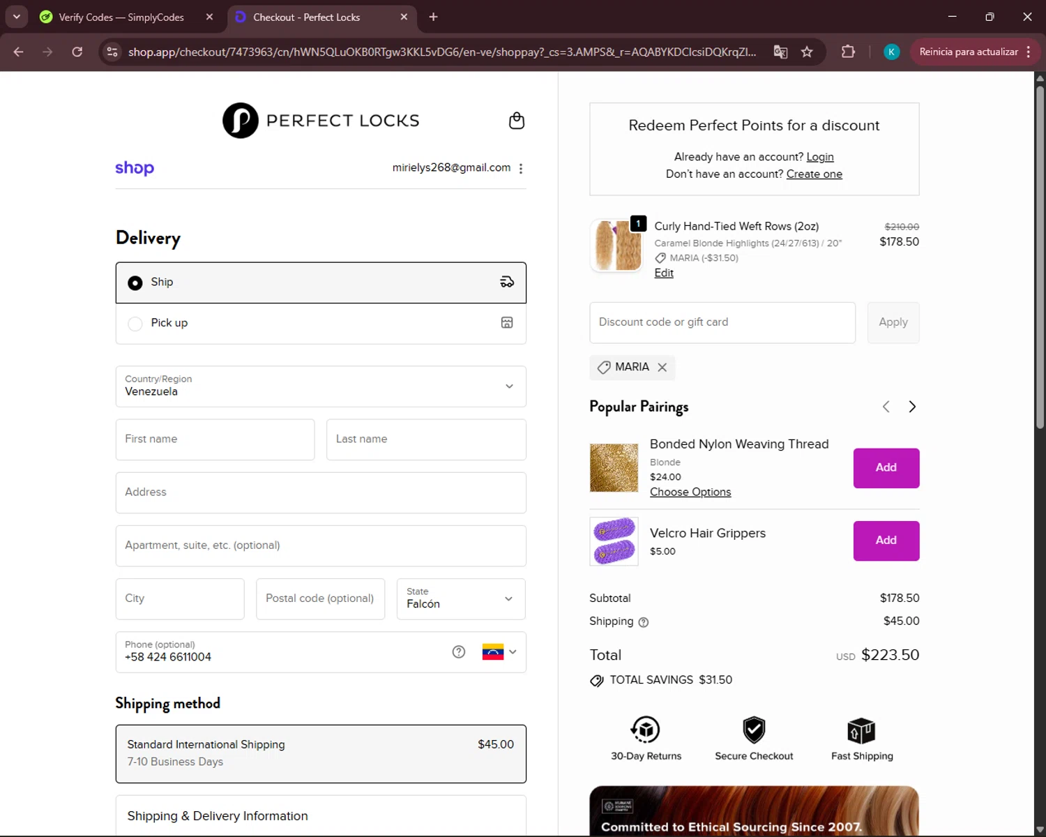 Perfect Locks coupon code screenshot showing code MARIA applied at Perfect Locks checkout page. Uploaded by SimplyCodes community member VoucherSleuth3236 on Nov 18, 2025