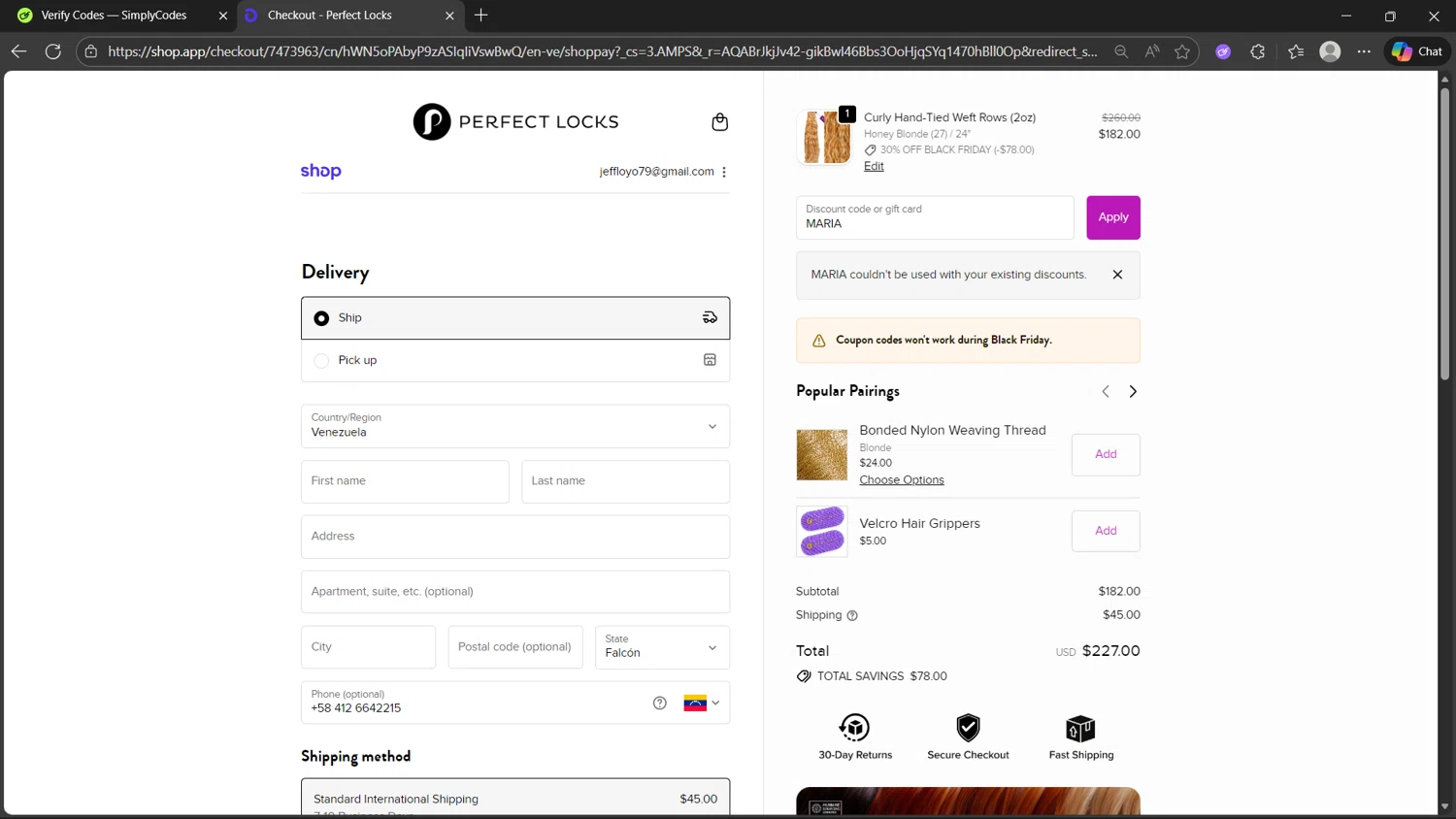 Perfect Locks coupon code screenshot showing code MARIA applied at Perfect Locks checkout page. Uploaded by SimplyCodes community member dragonjeffer_93a9 on Nov 28, 2025