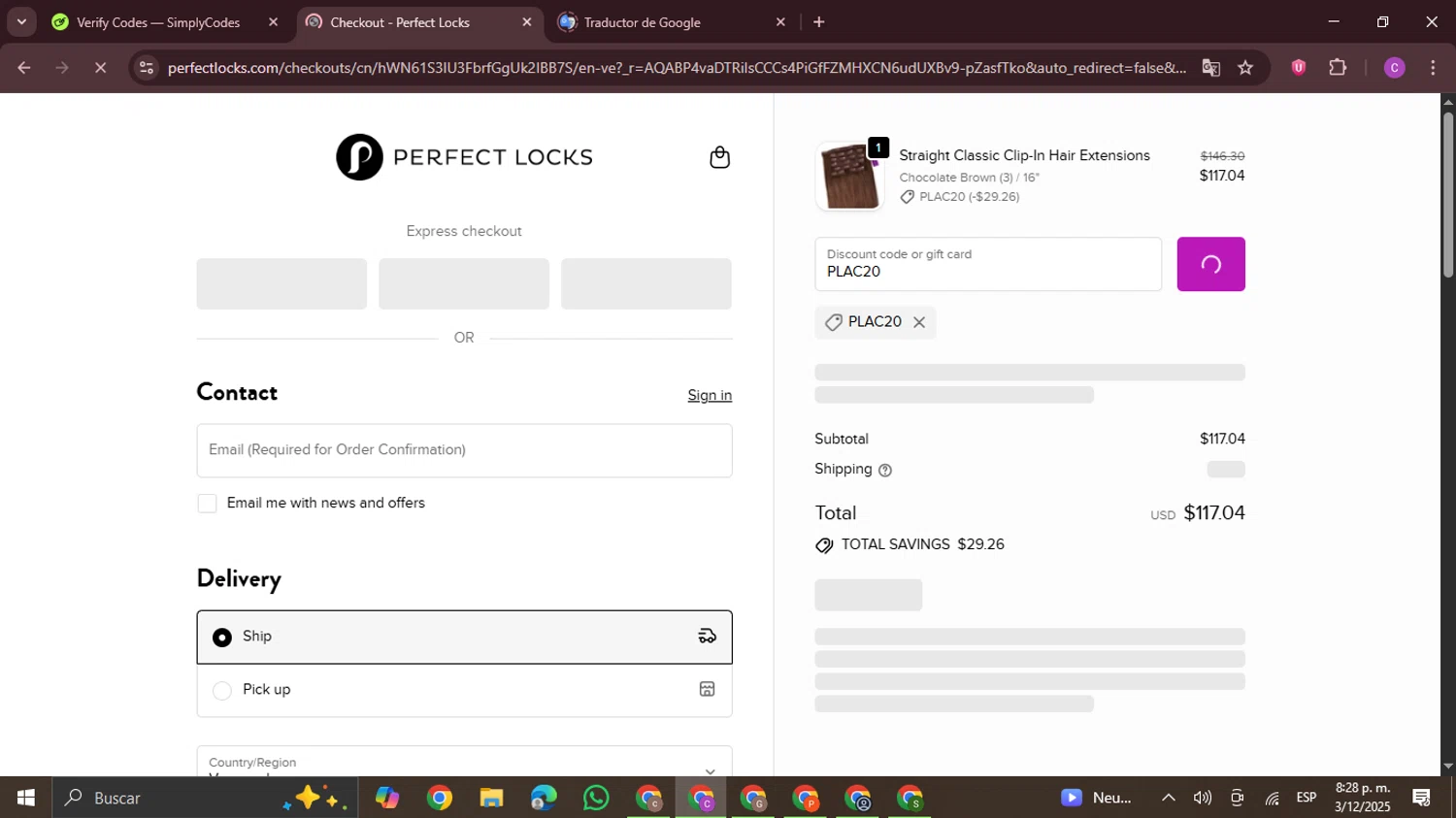 Perfect Locks coupon code screenshot showing code PLAC20 applied at Perfect Locks checkout page. Uploaded by SimplyCodes community member FrugalPro5078 on Dec 4, 2025