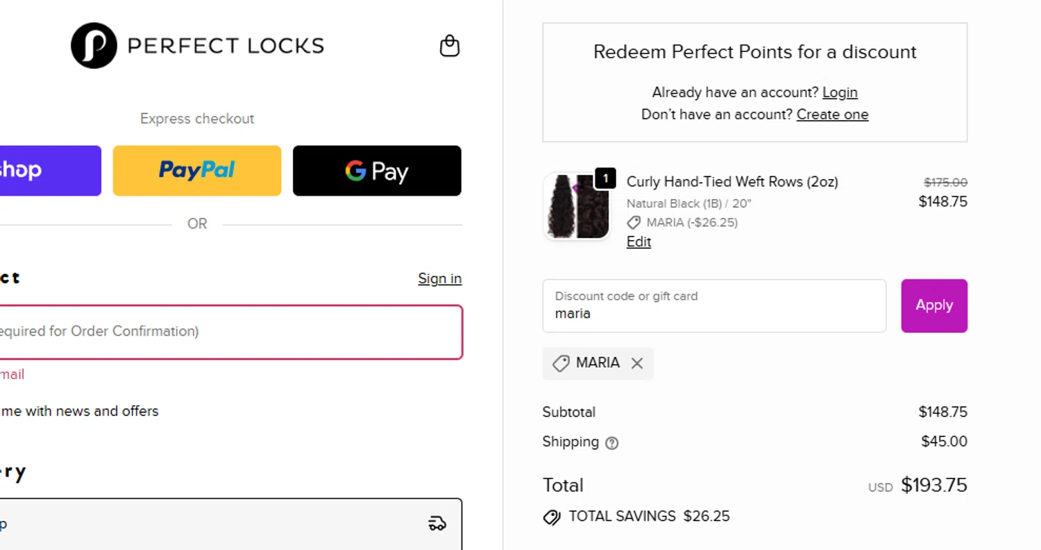Perfect Locks coupon code screenshot showing code MARIA applied at Perfect Locks checkout page. Uploaded by SimplyCodes community member yeresojperez on Oct 10, 2025