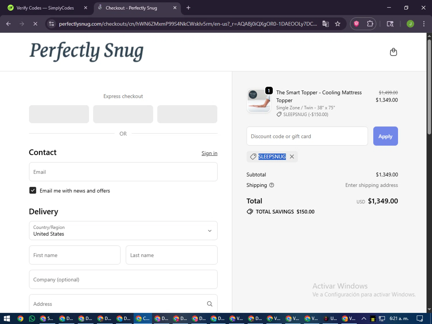 Perfectly Snug discount code screenshot showing code SLEEPSNUG applied at Perfectly Snug checkout page. Uploaded by SimplyCodes community member LilBaby on Dec 18, 2025
