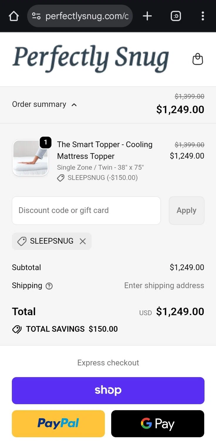 Perfectly Snug discount code screenshot showing code SLEEPSNUG applied at Perfectly Snug checkout page. Uploaded by SimplyCodes community member ValiantCurator3344 on Sep 22, 2025
