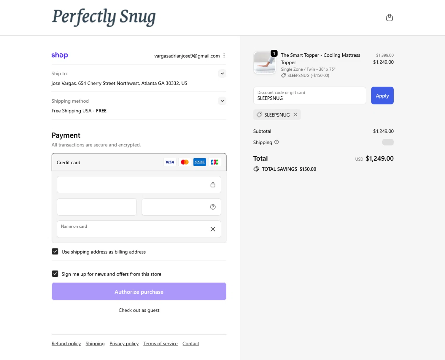 Perfectly Snug discount code screenshot showing code SLEEPSNUG applied at Perfectly Snug checkout page. Uploaded by SimplyCodes community member WladimirV on Sep 22, 2025