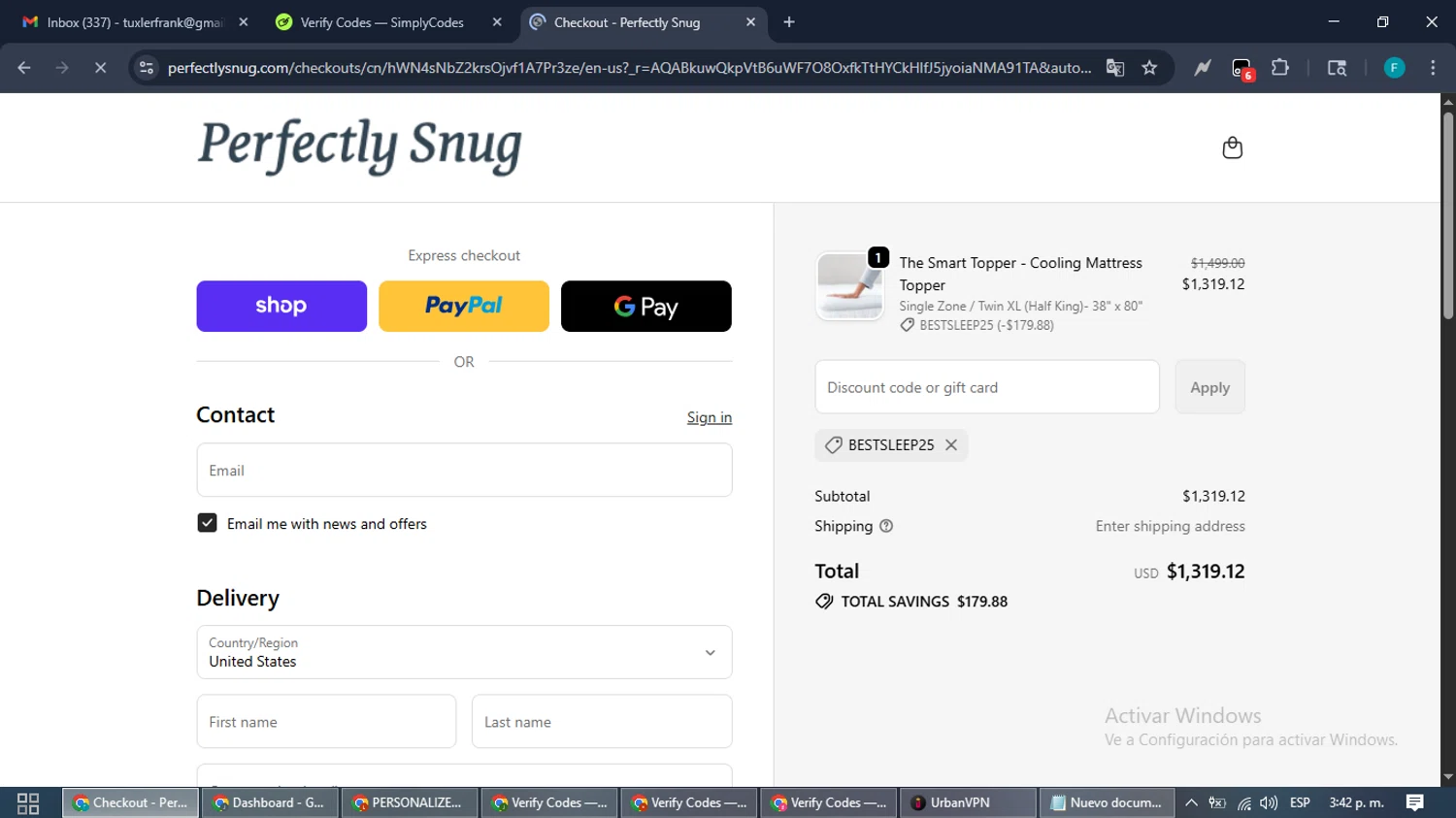 Perfectly Snug discount code screenshot showing code BESTSLEEP25 applied at Perfectly Snug checkout page. Uploaded by SimplyCodes community member ShrewdTitan3233 on Nov 3, 2025