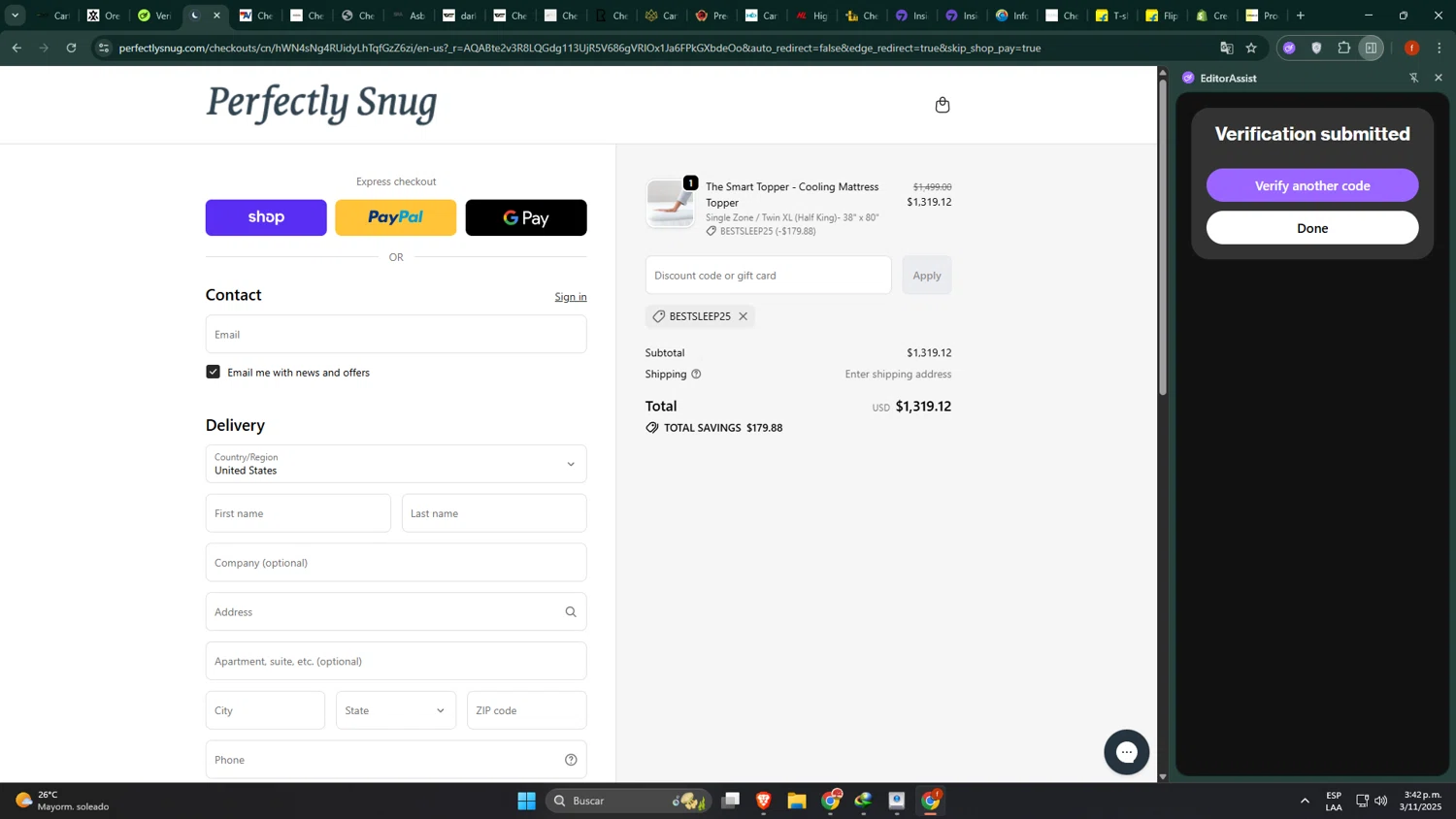 Perfectly Snug discount code screenshot showing code BESTSLEEP25 applied at Perfectly Snug checkout page. Uploaded by SimplyCodes community member jeremyriera on Nov 3, 2025