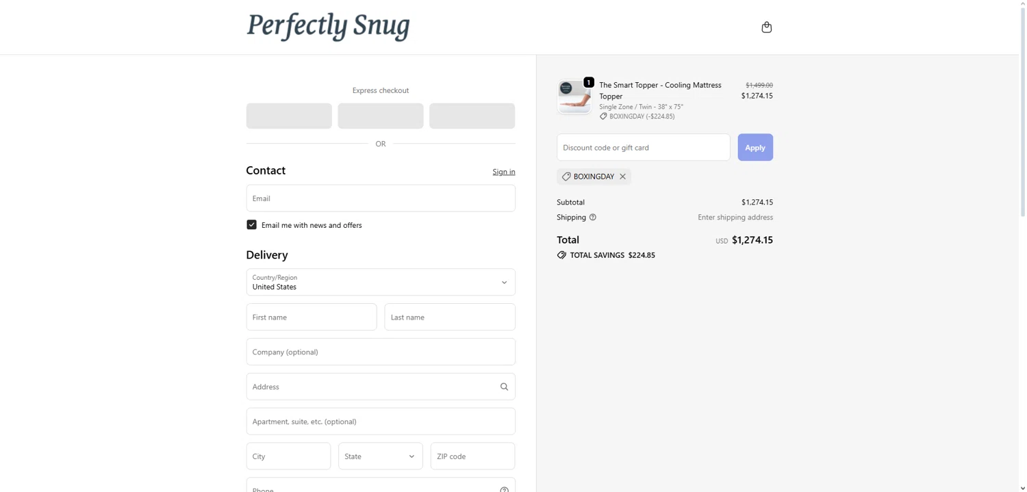 Perfectly Snug discount code screenshot showing code boxingday applied at Perfectly Snug checkout page. Uploaded by SimplyCodes community member Dorothy on Dec 26, 2025