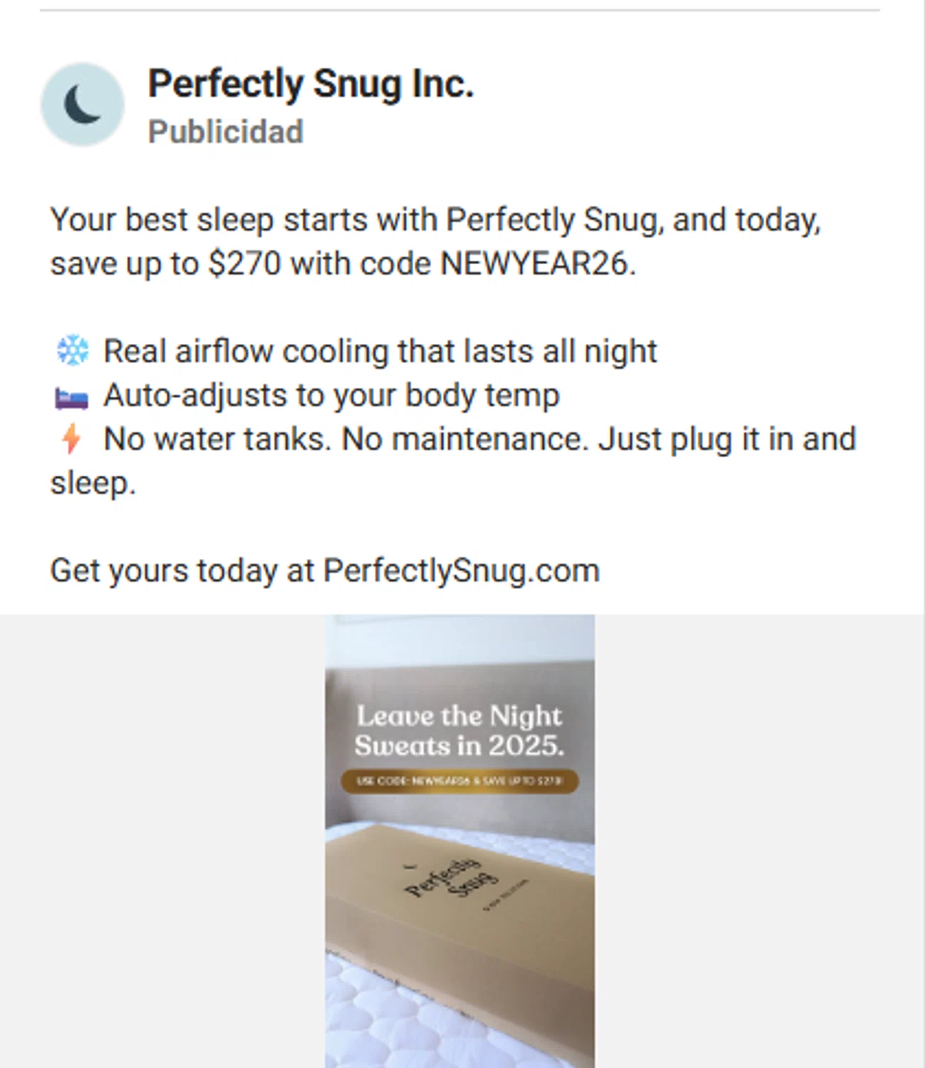 Perfectly Snug discount code screenshot showing code NEWYEAR26 applied at Perfectly Snug checkout page. Uploaded by SimplyCodes community member antonietarodriguez96 on Dec 26, 2025