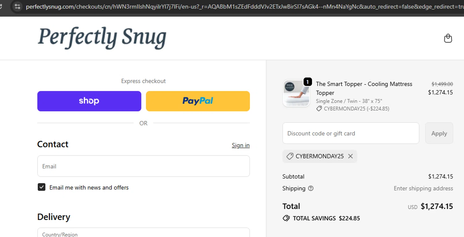 Perfectly Snug discount code screenshot showing code CYBERMONDAY25 applied at Perfectly Snug checkout page. Uploaded by SimplyCodes community member argenygalvez on Dec 1, 2025
