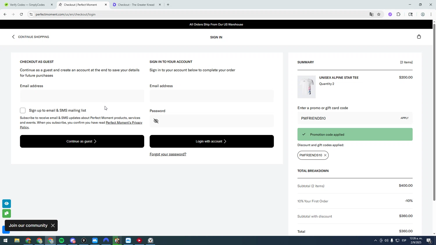 Perfect Moment promo code screenshot showing code PMFRIENDS10 applied at Perfect Moment checkout page. Uploaded by SimplyCodes community member asdasdasd on Sep 2, 2025