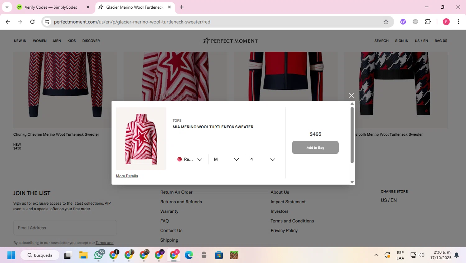 Perfect Moment promo code screenshot showing code PMFRIENDS10 applied at Perfect Moment checkout page. Uploaded by SimplyCodes community member VoucherExpert2930 on Oct 17, 2025