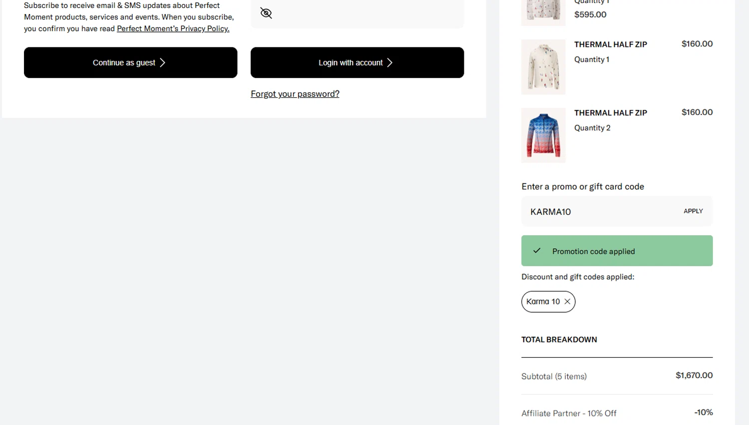 Perfect Moment checkout page showing Perfect Moment promo code box | Screenshot taken by SimplyCodes community member on Nov 22, 2025