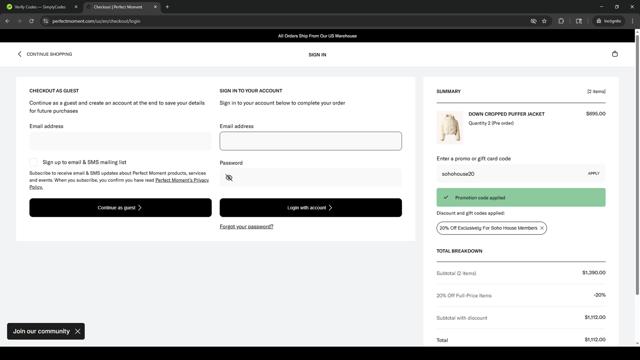 Perfect Moment checkout page showing Perfect Moment promo code box | Screenshot taken by SimplyCodes community member on Sep 30, 2025