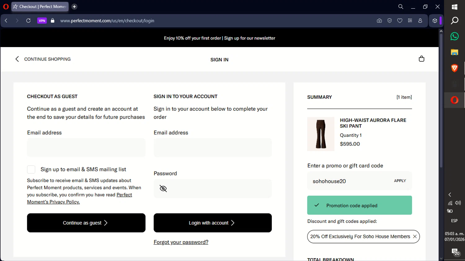 Perfect Moment promo code screenshot showing code sohohouse20 applied at Perfect Moment checkout page. Uploaded by SimplyCodes community member xXdevoragoticas69Xx on Jan 7, 2026