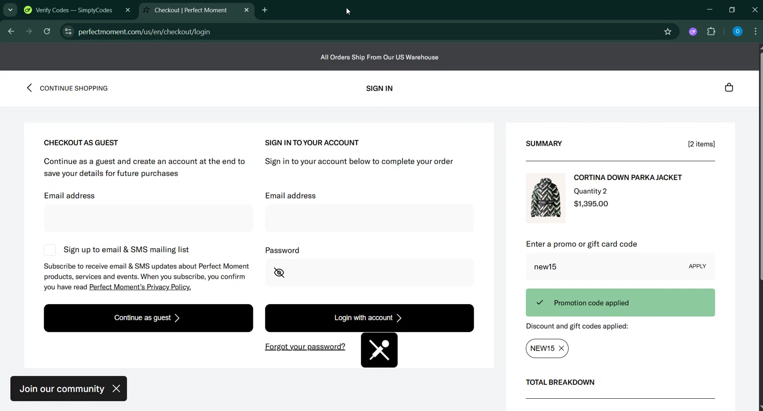 Perfect Moment promo code screenshot showing code new15 applied at Perfect Moment checkout page. Uploaded by SimplyCodes community member RoyalSage9159 on Oct 30, 2025