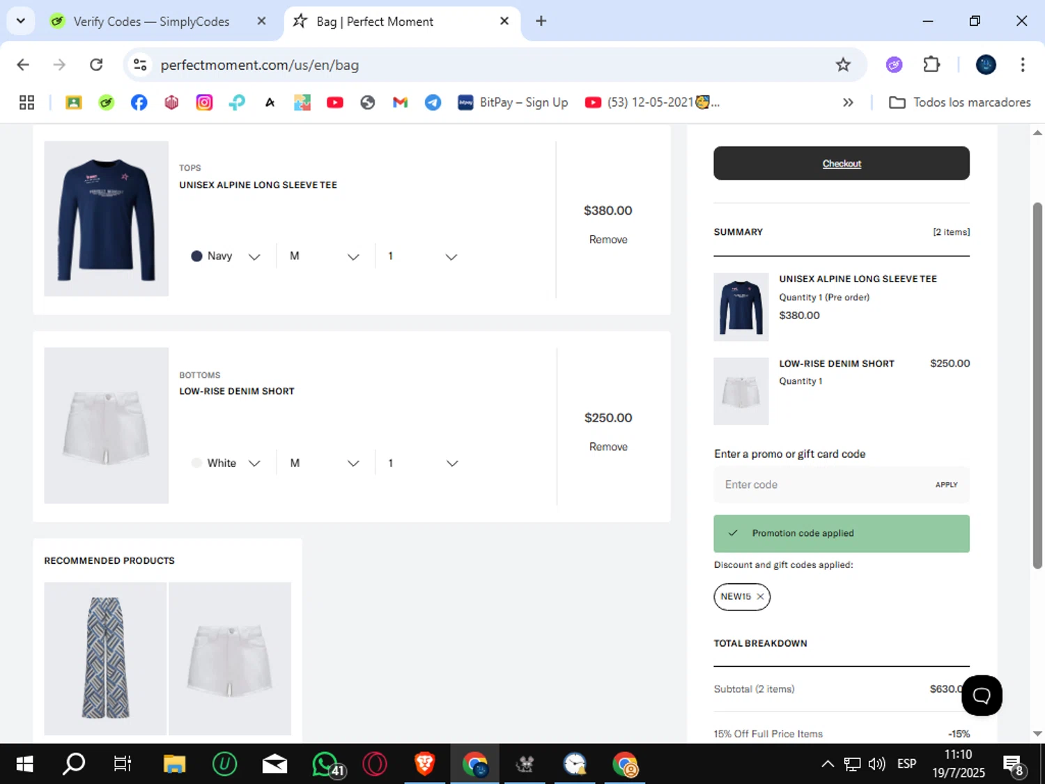 Perfect Moment promo code screenshot showing code new15 applied at Perfect Moment checkout page. Uploaded by SimplyCodes community member SunJinWoo on Jul 19, 2025