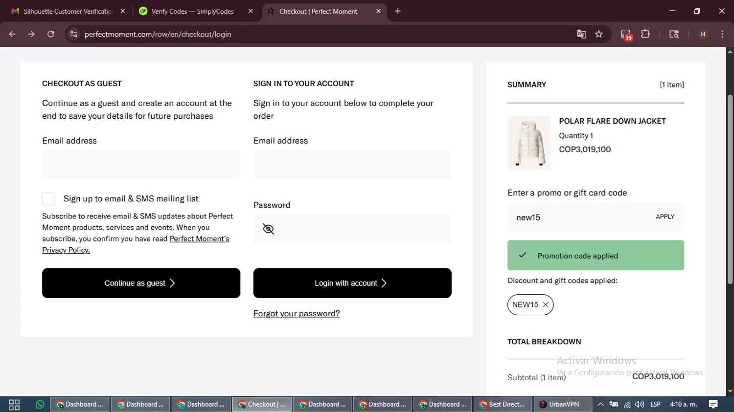 Perfect Moment checkout page showing Perfect Moment promo code box | Screenshot taken by SimplyCodes community member on Jan 15, 2026