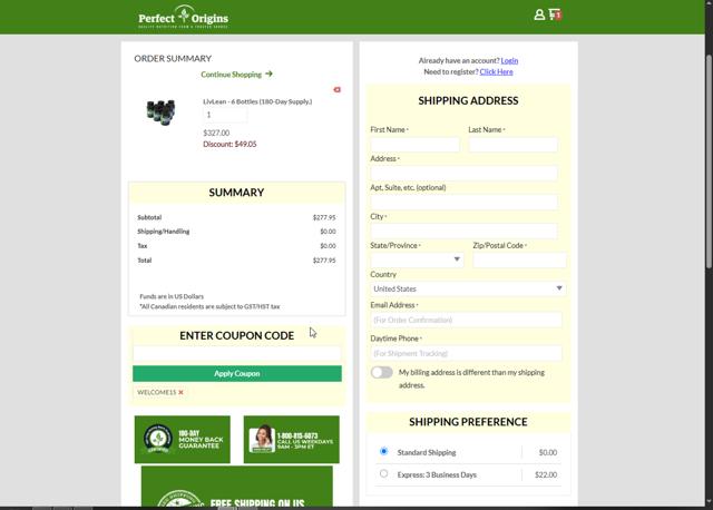 Perfect Origins checkout page showing Perfect Origins coupon code box | Screenshot taken by SimplyCodes community member on Jun 20, 2025