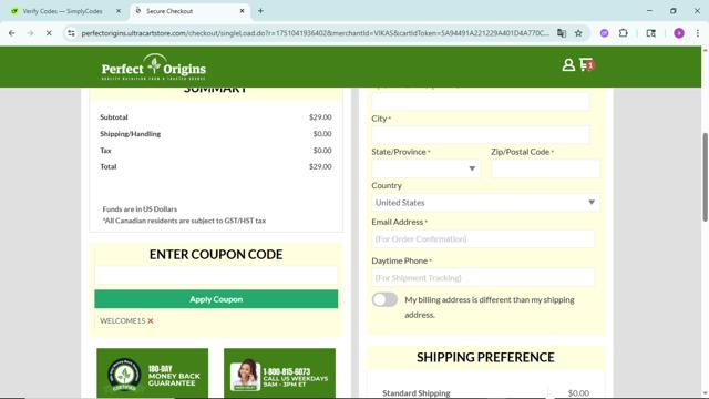 Perfect Origins checkout page showing Perfect Origins coupon code box | Screenshot taken by SimplyCodes community member on Jun 27, 2025