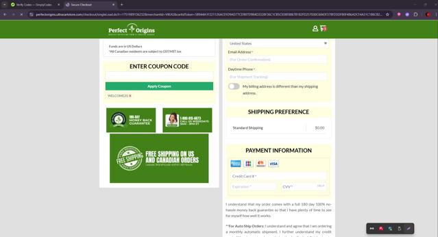 Perfect Origins checkout page showing Perfect Origins coupon code box | Screenshot taken by SimplyCodes community member on Jul 8, 2025