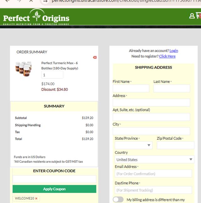 Perfect Origins checkout page showing Perfect Origins coupon code box | Screenshot taken by SimplyCodes community member on Sep 4, 2025