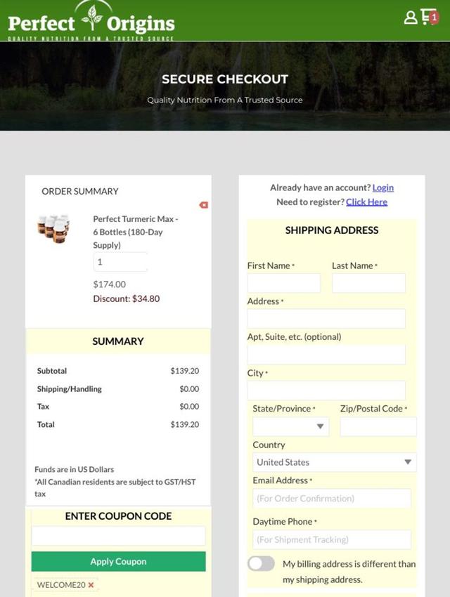 Perfect Origins checkout page showing Perfect Origins coupon code box | Screenshot taken by SimplyCodes community member on Jun 9, 2025
