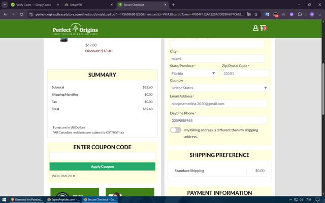 Perfect Origins checkout page showing Perfect Origins coupon code box | Screenshot taken by SimplyCodes community member on Sep 4, 2025
