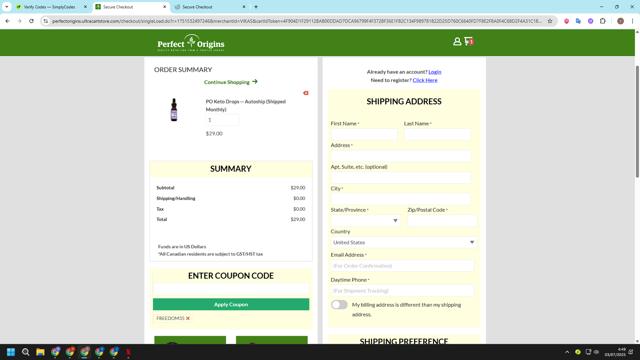 Perfect Origins checkout page showing Perfect Origins coupon code box | Screenshot taken by SimplyCodes community member on Jul 3, 2025