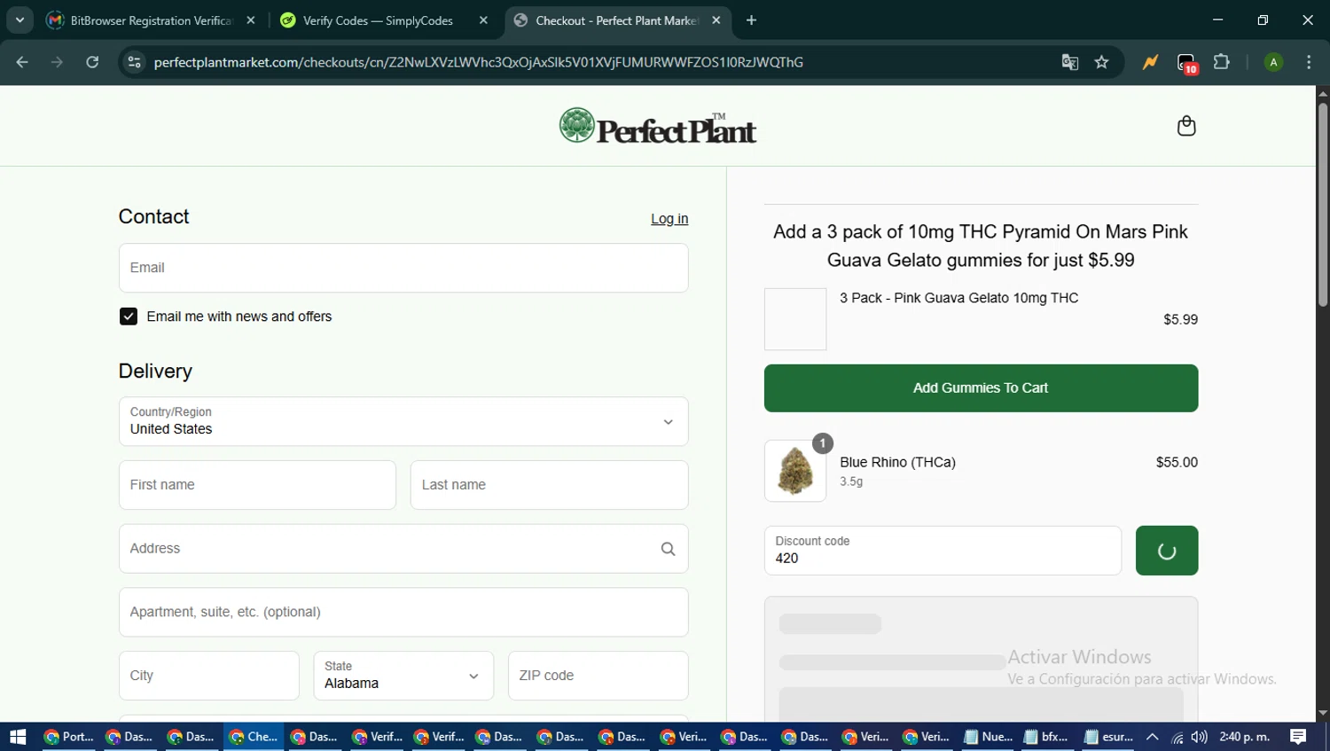 Perfect Plant Market discount code screenshot showing code 420 applied at Perfect Plant Market checkout page. Uploaded by SimplyCodes community member CashLynx5338 on Jun 21, 2025