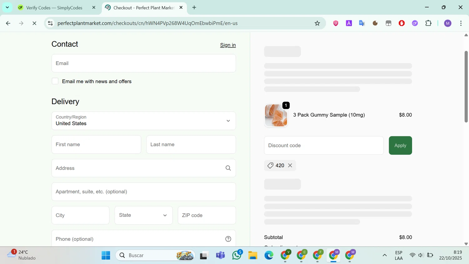 Perfect Plant Market discount code screenshot showing code 420 applied at Perfect Plant Market checkout page. Uploaded by SimplyCodes community member ValueLion1621 on Oct 22, 2025