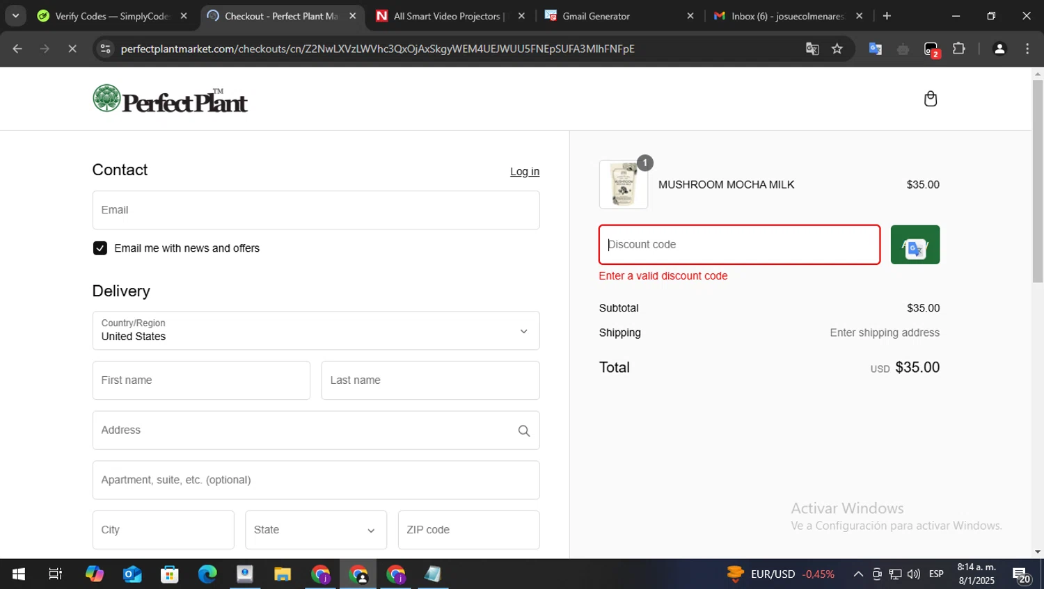 Perfect Plant Market discount code screenshot showing code RAWROOM applied at Perfect Plant Market checkout page. Uploaded by SimplyCodes community member perry1 on Jan 8, 2025