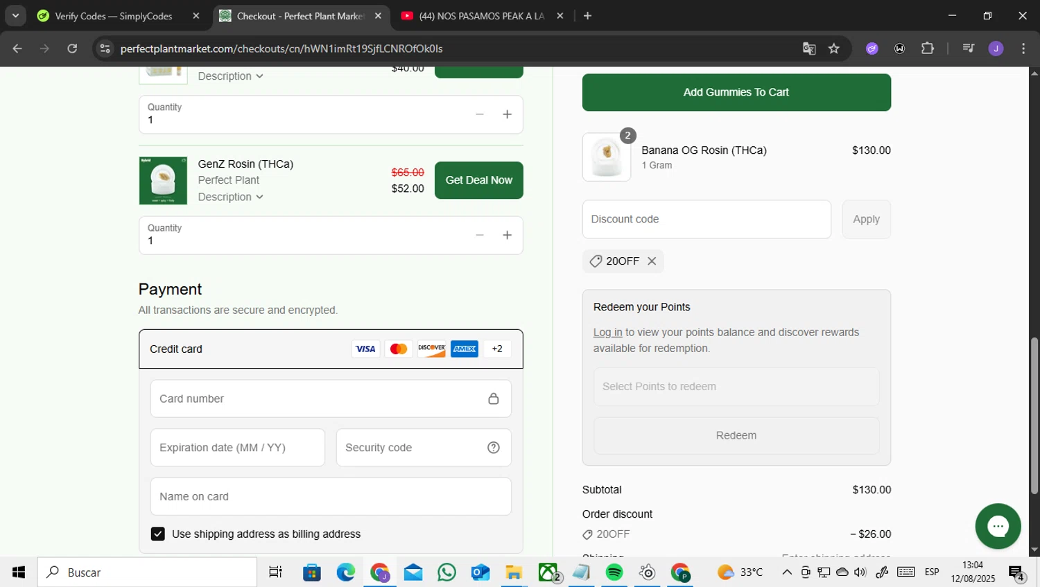 Perfect Plant Market discount code screenshot showing code 20off applied at Perfect Plant Market checkout page. Uploaded by SimplyCodes community member ENCARAMESSI on Aug 12, 2025