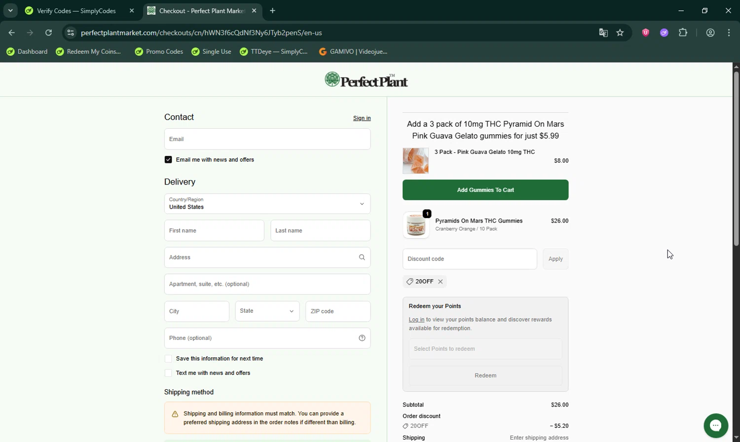 Perfect Plant Market discount code screenshot showing code 20off applied at Perfect Plant Market checkout page. Uploaded by SimplyCodes community member LHaunter on Oct 2, 2025