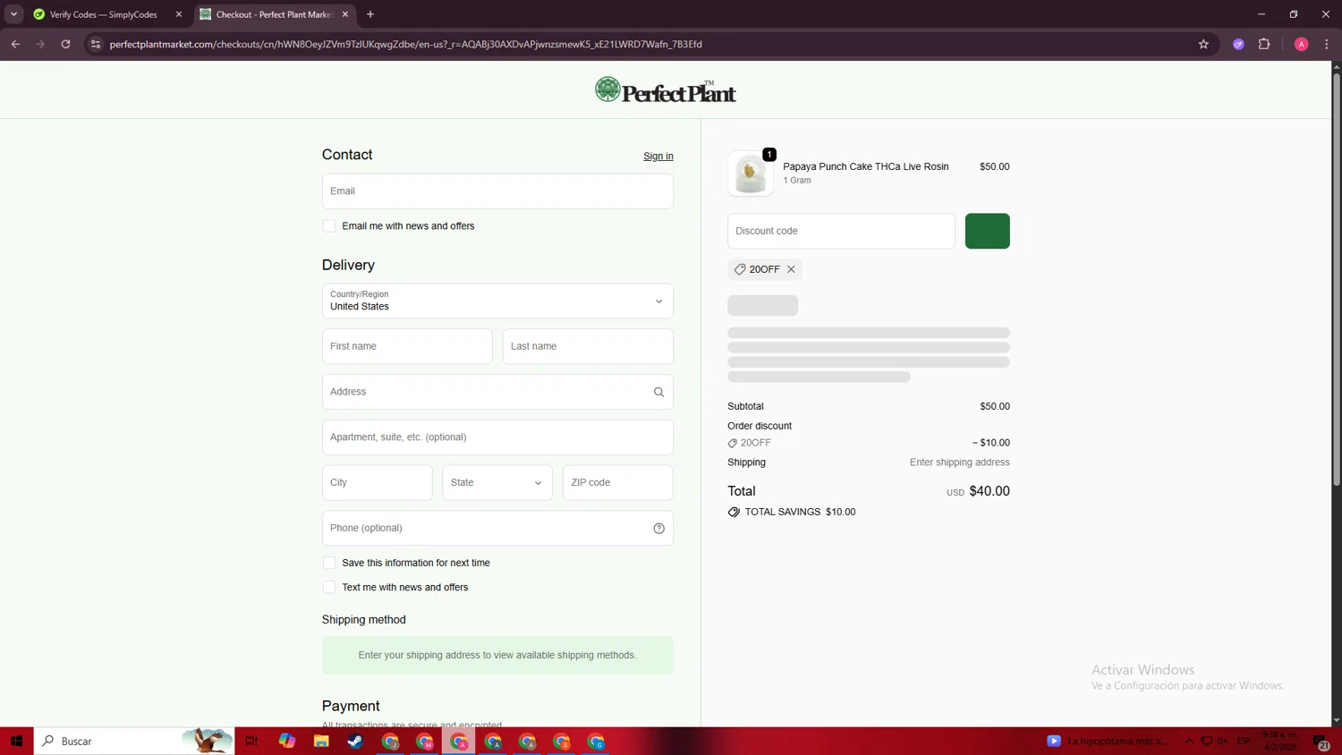 Perfect Plant Market checkout page showing Perfect Plant Market discount code box | Screenshot taken by SimplyCodes community member on Feb 4, 2026