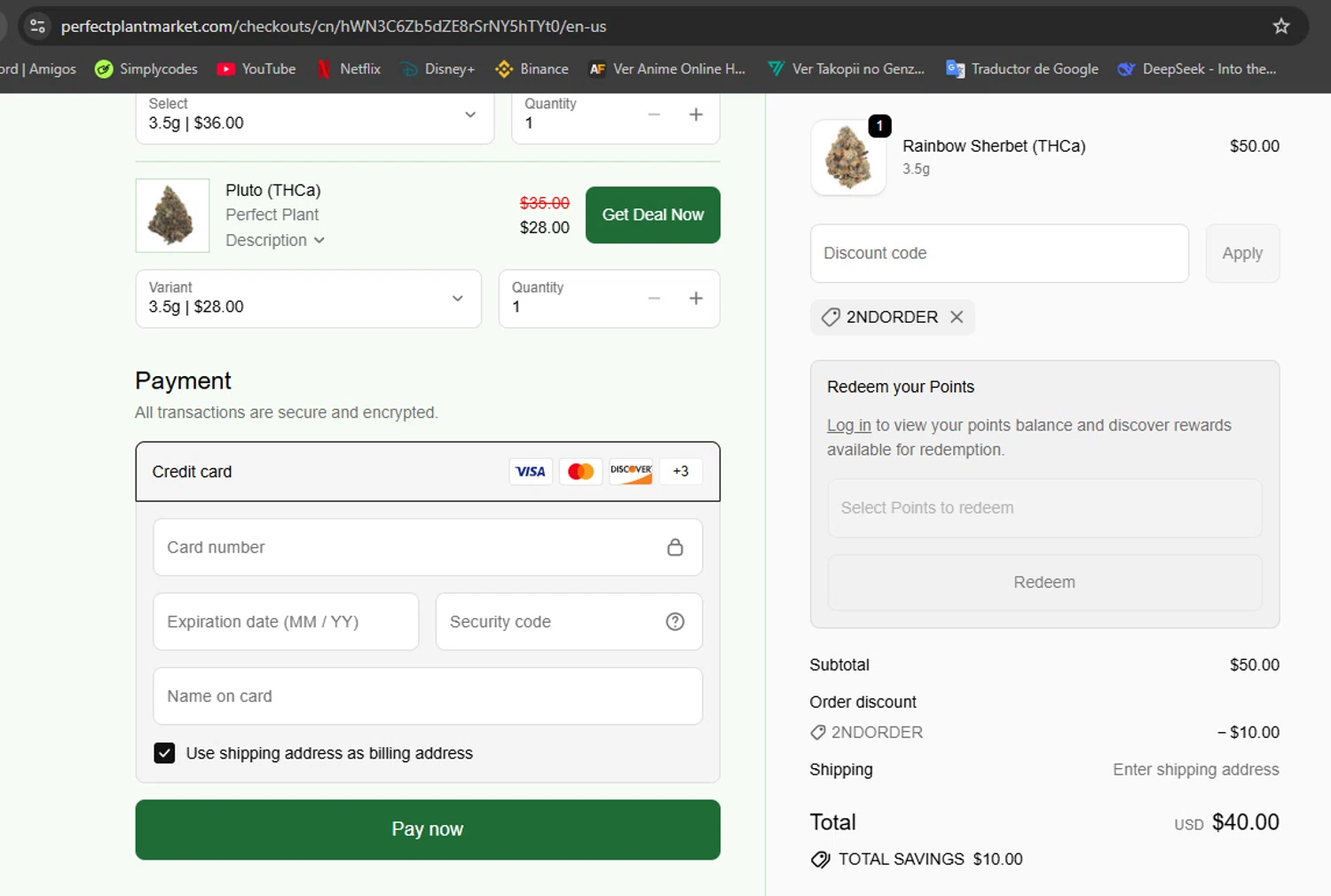 Perfect Plant Market discount code screenshot showing code 2NDORDER applied at Perfect Plant Market checkout page. Uploaded by SimplyCodes community member Hisoka on Sep 20, 2025