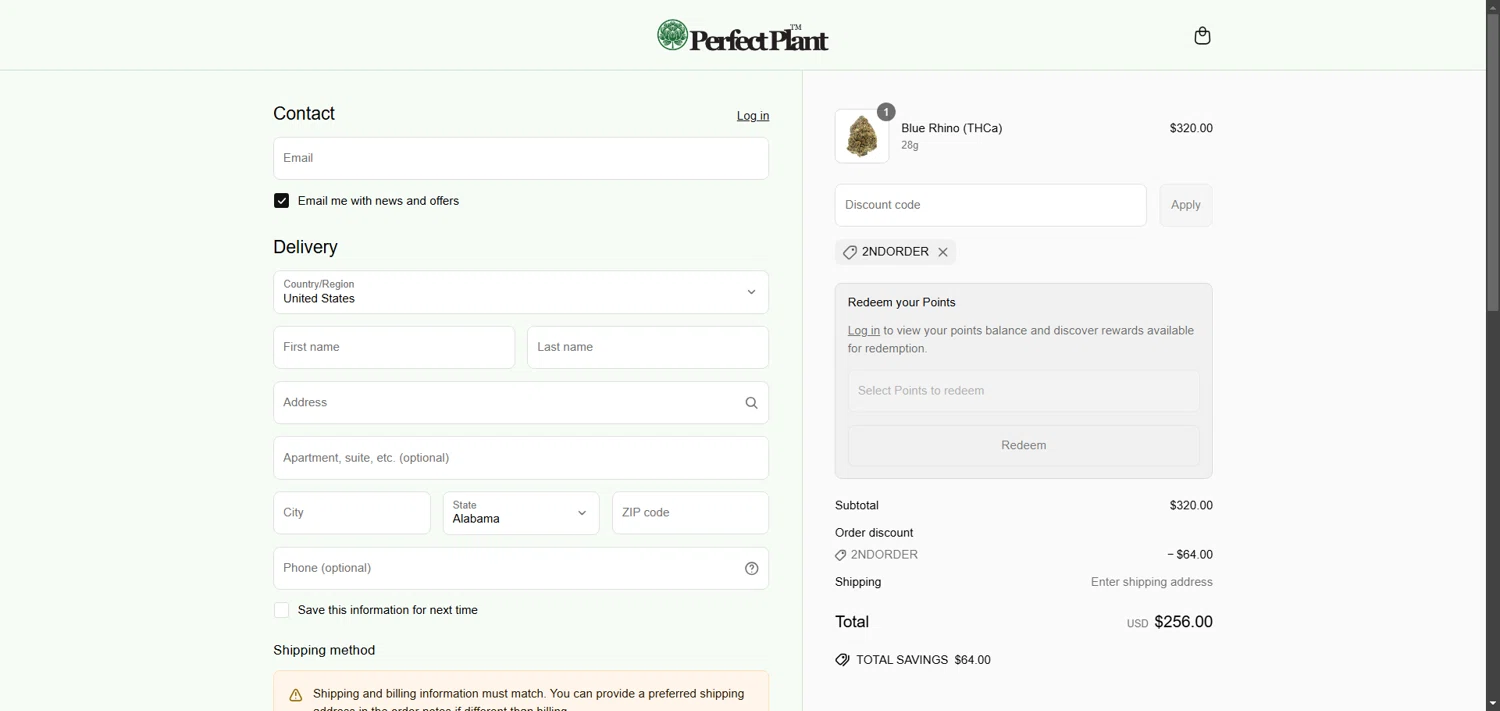 Perfect Plant Market discount code screenshot showing code 2NDORDER applied at Perfect Plant Market checkout page. Uploaded by SimplyCodes community member FrugalPhoenix2446 on May 19, 2025