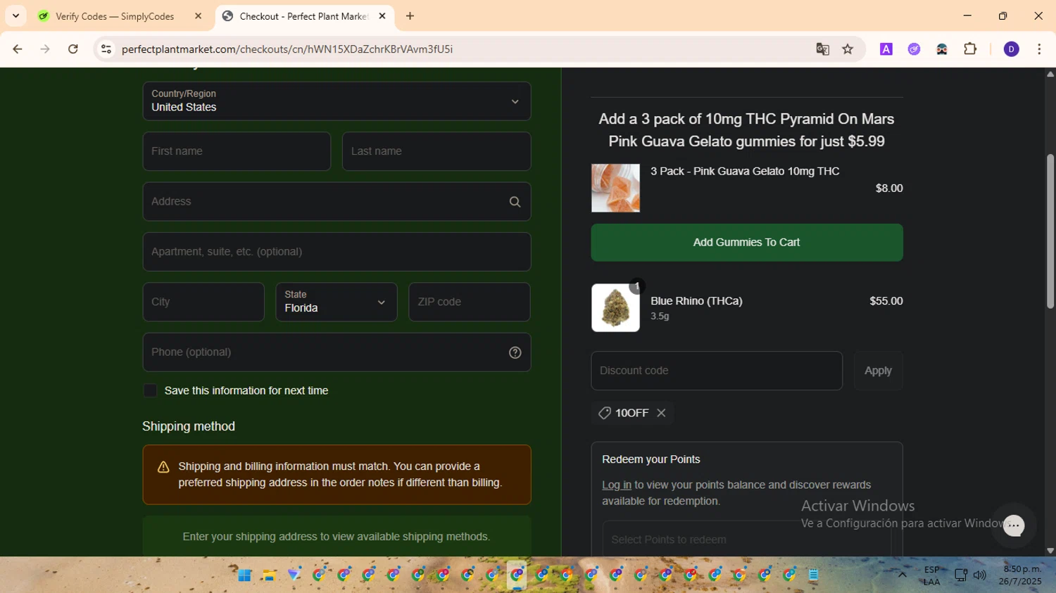 Perfect Plant Market discount code screenshot showing code 10OFF applied at Perfect Plant Market checkout page. Uploaded by SimplyCodes community member MagnificentFinder9583 on Jul 27, 2025