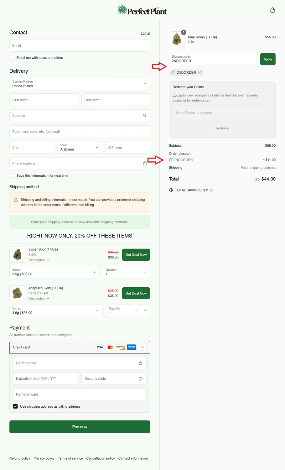Perfect Plant Market discount code screenshot showing code 2NDORDER applied at Perfect Plant Market checkout page. Uploaded by SimplyCodes community member Myrulesmagazine23 on May 19, 2025